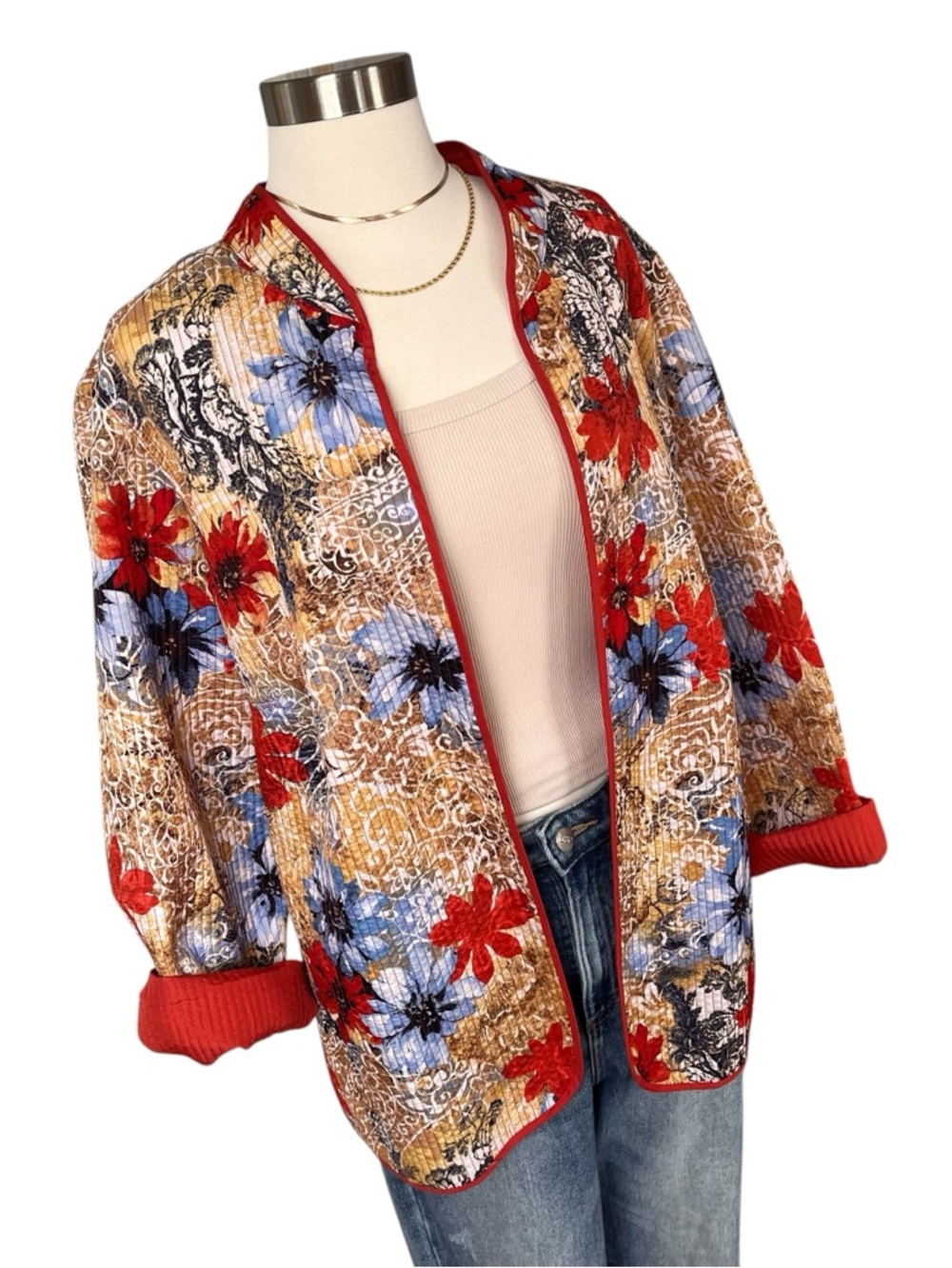 Quilted floral Alfred Dunner open jacket red blue tan 16W